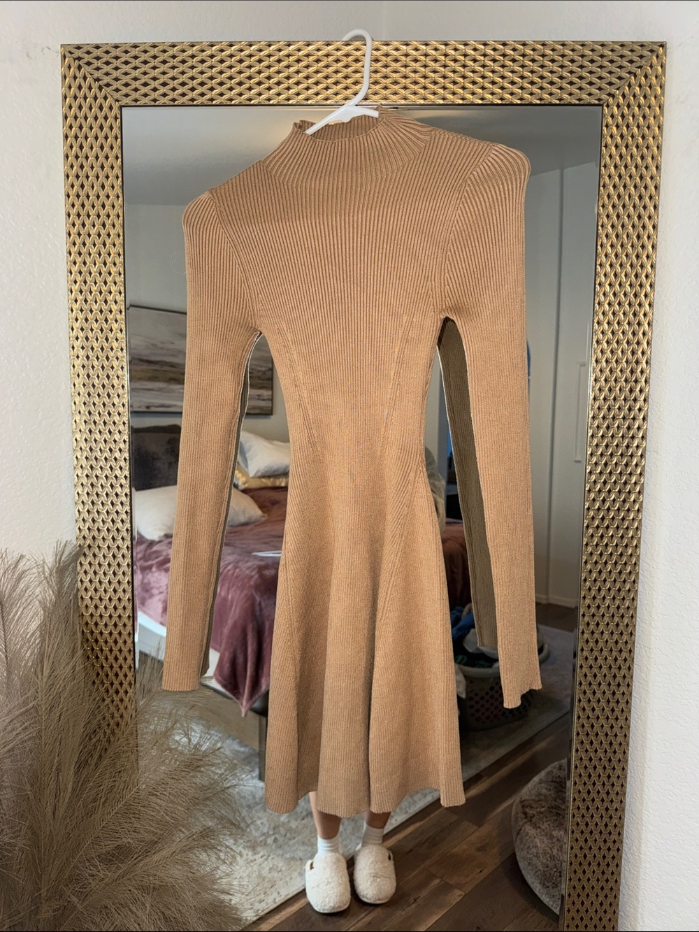 Ribbed Long-Sleeve Fit & Flare Dress in Camel